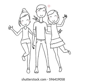 Vector illustration of happy hugging posing boy and girls in summer clothes on white background. Hand drawn flat line art style without color young people for t-shirt print, coloring book, web, site