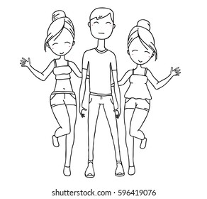 Vector illustration of happy hugging posing boy with girls in shorts on white background. Hand drawn flat line art style without color young people for t-shirt print, coloring book, web, site, poster