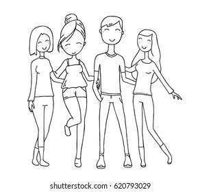 Vector illustration of happy hugging posing boy and cute girls on white background. Hand drawn flat line art style without color young people for coloring book, web, site, greeting card, poster