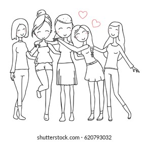 Vector illustration of happy hugging posing people group. Young girls in summer clothes on white background. Hand drawn flat line art style without color young people for coloring book, web, card