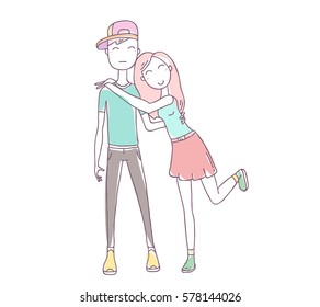 Vector illustration of happy hugging young couple in summer clothes on white background. Hand drawn flat line art style color people for t-shirt print, web, site, greeting card, romantic poster