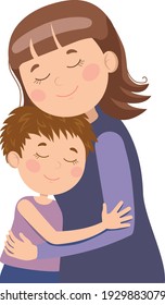 Vector illustration, happy hugs of mom and son, sincere love of children for mom.