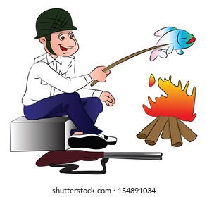 Vector illustration of happy hunter cooking fish on bonfire.