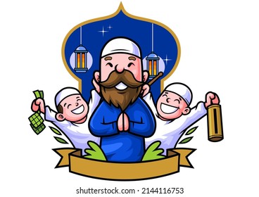 vector illustration of happy ied mubarak cute cartoon for islamic greeting card