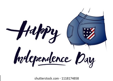 Vector illustration of Happy Independence Day text and part of the female body in denim shorts with the image of the us flag for original posters, banners, blogs, postcards, decoration, invitation.