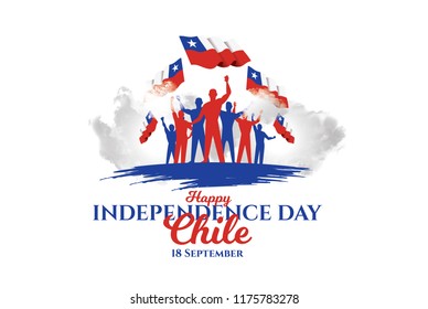 Vector illustration. Happy independence day of Chile. Celebrated 18th of September. festive design graphics, symbolic colors and flags and happy people