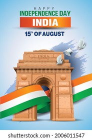 vector illustration of happy independence day in India celebration on August 15. vector India gate with Indian flag design and flying pigeon	
