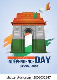 vector illustration of happy independence day in India celebration on August 15. vector India gate with Indian flag design and flying pigeon	
