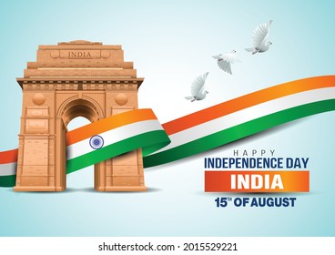 vector illustration of happy independence day in India celebration on August 15. vector India gate with Indian flag design and flying pigeon