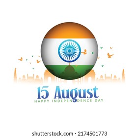 Vector illustration of Happy independence day in India celebration on 15 August with India gate, Indian flag design and flying pigeon