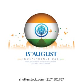 Vector illustration of Happy independence day in India celebration on 15 August with India gate, Indian flag design and flying pigeon