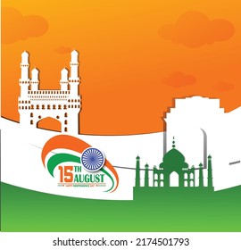Imagen vectorial del Feliz Día de la Independencia en la celebración del 15 de agosto con la puerta de la India, diseño de la bandera india y paloma volador