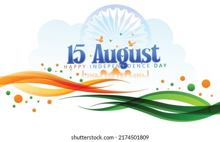 Vector illustration of Happy independence day in India celebration on 15 August with India gate, Indian flag design and flying pigeon