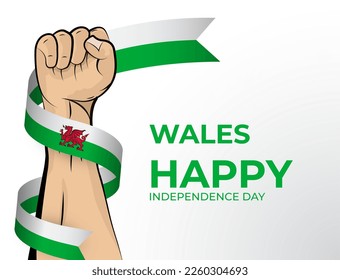 Imagen vectorial de la tarjeta de felicitación del Día de la Independencia Feliz para el país de Gales con puños apretados y una cinta de la bandera. Usar para banners en fondo blanco.