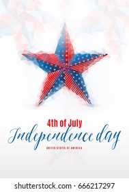 Vector illustration of Happy Independence Day - 4th of july. Greeting patriotic poster with big star, american symbol, line, triangle transparent elements, lettering typography text sign