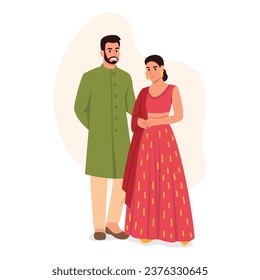 Vector illustration of a happy Indian couple in love. Cartoon scene with a smiling man hugging a woman dressed in traditional Indian clothes isolated on a white background.