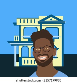 Vector illustration of a happy Indian student near the house.