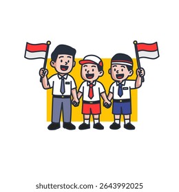 Vector illustration of happy Indonesian schoolboys from elementary, middle, and high school celebrating Independence Day. Students holding hands and waving Indonesian flags, wearing school uniforms wi