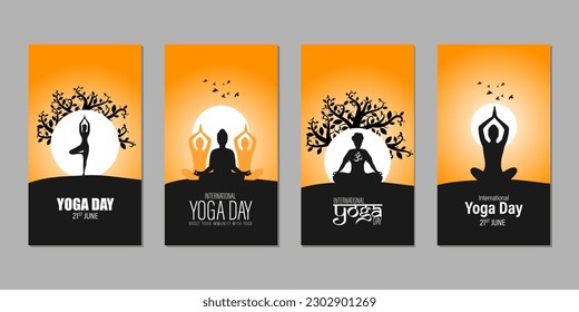 Vector illustration of Happy International Day of Yoga social media story feed mockup template set