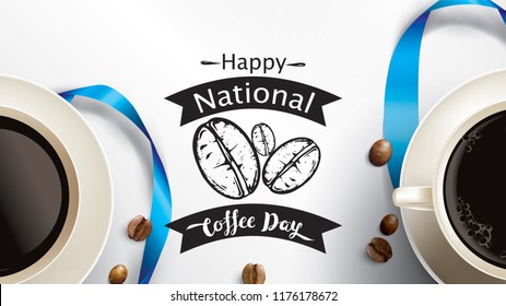 Vector illustration of happy International or national Coffee Day with hand lettering. Suitable for greeting card, poster and banner. mobile background