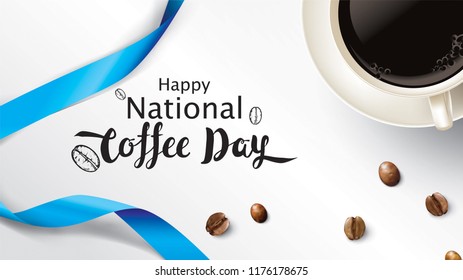 Vector illustration of happy International or national Coffee Day with hand lettering. Suitable for greeting card, poster and banner. mobile background