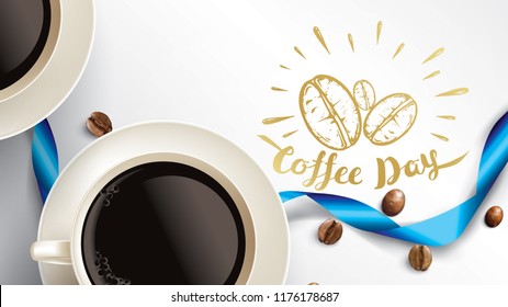 Vector illustration of happy International or national Coffee Day with hand lettering. Suitable for greeting card, poster and banner. mobile background