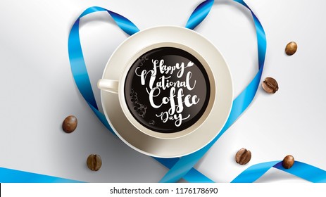 Vector illustration of happy International or national Coffee Day with hand lettering. Suitable for greeting card, poster and banner. mobile background