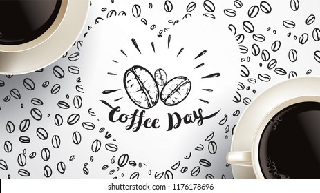 Vector illustration of happy International or national Coffee Day with hand lettering. Suitable for greeting card, poster and banner. mobile background