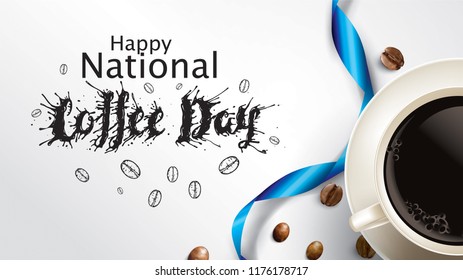 Vector illustration of happy International or national Coffee Day with hand lettering. Suitable for greeting card, poster and banner. mobile background