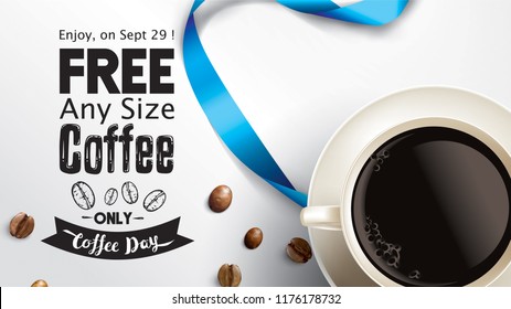 Vector illustration of happy International or national Coffee Day with hand lettering. Suitable for greeting card, poster and banner. mobile background