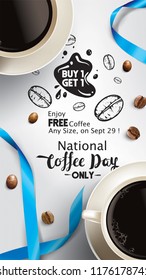 Vector illustration of happy International or national Coffee Day with hand lettering. Suitable for greeting card, poster and banner. mobile background