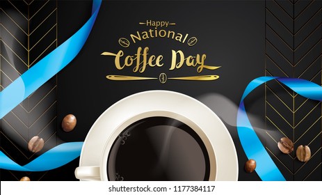 Vector illustration of happy International or national Coffee Day with hand lettering. Suitable for greeting card, poster and banner. mobile background