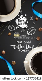 Vector illustration of happy International or national Coffee Day with hand lettering. Suitable for greeting card, poster and banner. mobile background