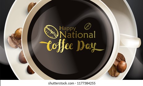 Vector illustration of happy International or national Coffee Day with hand lettering. Suitable for greeting card, poster and banner. mobile background