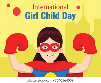 Vector illustration of happy international women day image of the girl child with girl in superman dress and cityscape background.