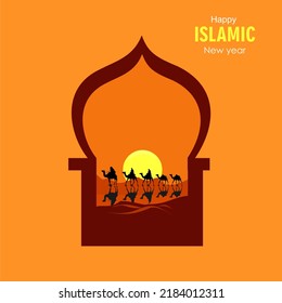Vector illustration of Happy Islamic New Year. Against the backdrop of a camel caravan, time travel and welcome the Hijra sun.