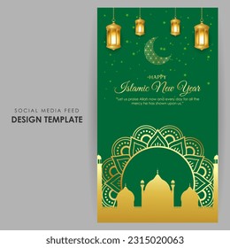 Vektorgrafik von Happy Islamic New Year Social Media-Story Feed Mock-up-Vorlage