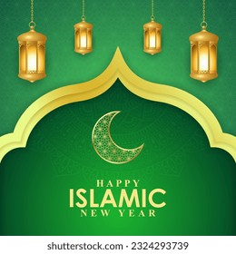 Vector illustration of Happy Islamic New Year social media story feed mockup template
