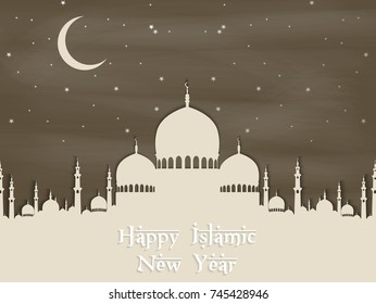 Vector illustration of Happy islamic new year with silhouette mosque and moon