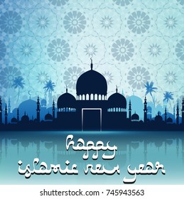 Vector illustration of Happy islamic new year with silhouette mosque