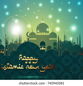 Vector illustration of Happy islamic new year with silhouette mosque