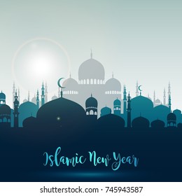 Vector illustration of Happy islamic new year with silhouette mosque