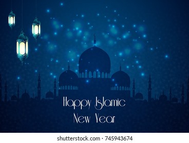 Vector illustration of Happy islamic new year with silhouette mosque and lantern