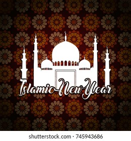 Vector illustration of Happy islamic new year with white mosque silhouette