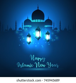 Vector illustration of Happy islamic new year with silhouette mosque and blue shiny lantern