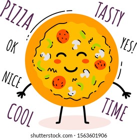 Vector illustration of happy italian tasty pizza character with word on white background. Flat line art style design for web, site, poster, banner, print, sticker