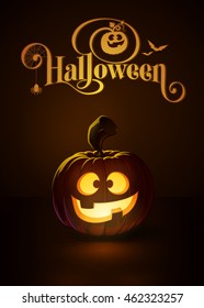 Vector illustration of a Happy jack-o-lantern glowing in the dark. Included a custom typography "Halloween". EPS10 All elements neatly on layers and groups