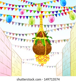 vector illustration of Happy Janmashtami background with hanging dahi handi