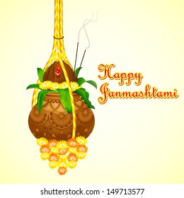 vector illustration of Happy Janmashtami background with hanging dahi handi