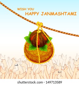 vector illustration of Happy Janmashtami background with hanging dahi handi